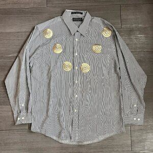 80s Marquis Embroidered Striped Gold Swirl Long Sleeve Button Down Novelty Sz L